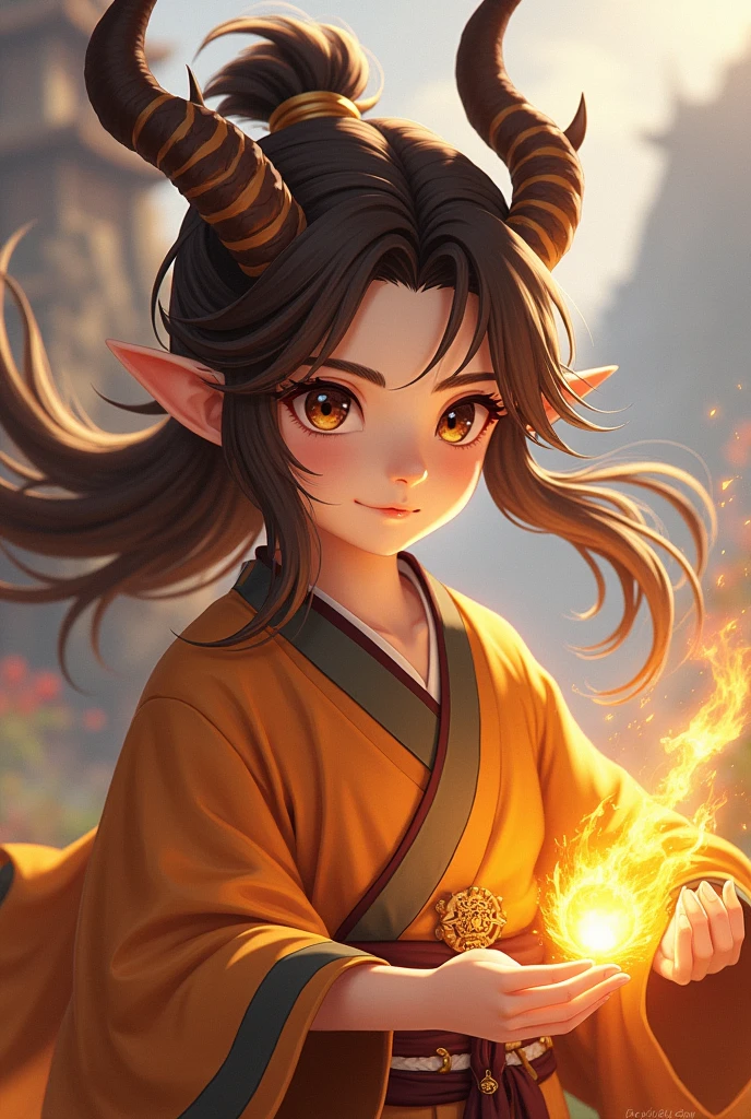 young and handsome boy, long brown hair, loose bangs, long pointed ears, has dragon horns, She wears traditional amber-colored oriental clothing, He has a Geo vision and lives in the world of Genshin impact