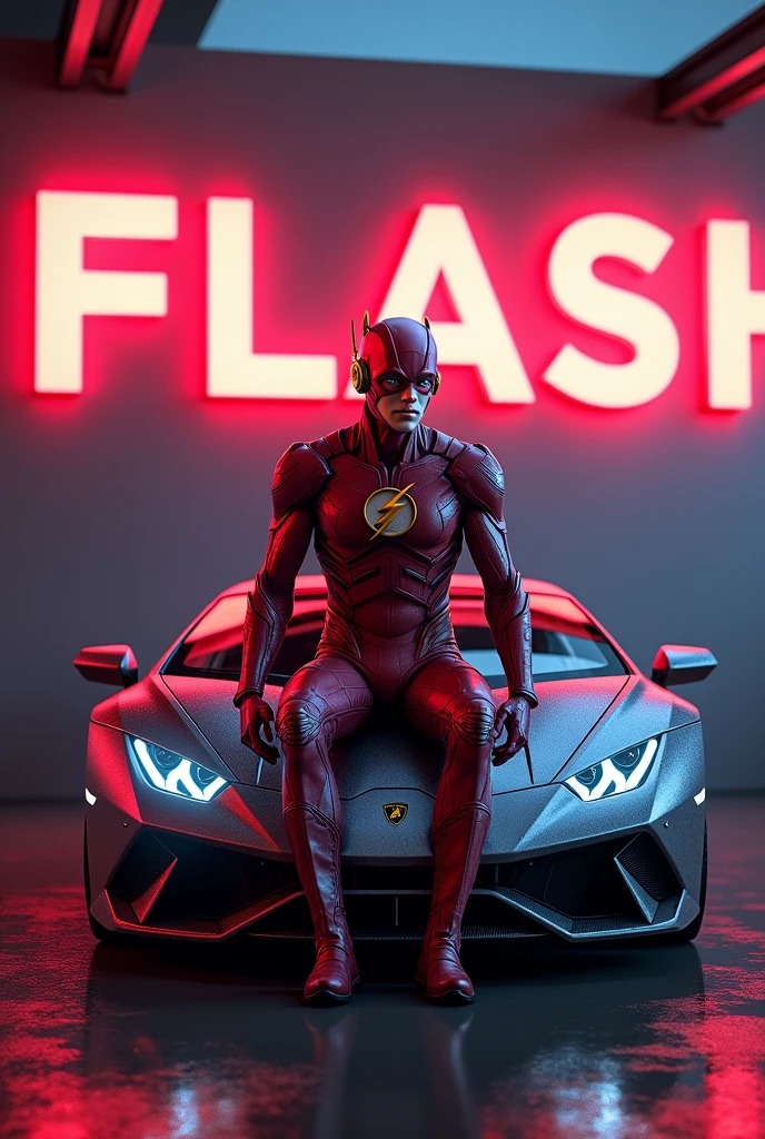 Flash hero sit on Lamborghini bonat and behind on wall text is 'GK ¥ Flash with neon lights full.