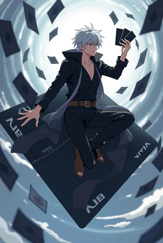 create a male anime character with appearance and clothes like sasuke uchiha, Akatsuki, your main weapon is the use of cards like the tulbacaim from hellsing - the hair should not be too long, your outfit should be minimalist - the cards should be black with silver details. Clothing should follow the pattern of the anime Jujutsu Kaizen without belts or buttons., the cards must surround him, White hair, your hand is making movements controlling the cards, the clothes cover the whole body, ele utiliza um sobretudo Akatsuki, he is flying sitting on top of a large playing card