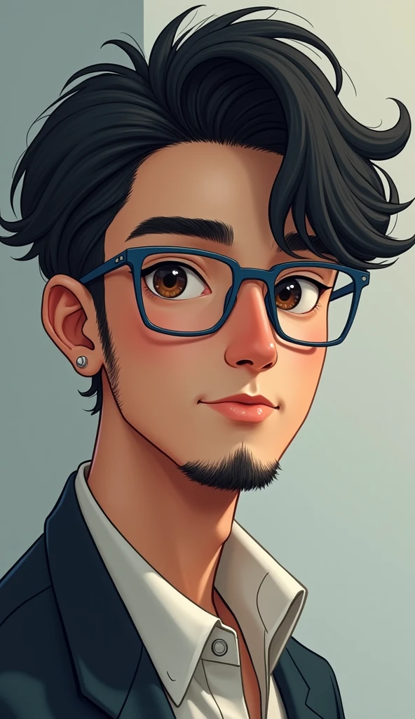I&#39;m a guy with short, black, wavy hair with an American cut., with very black eyebrows, with a round face and a little cheeks, lips a little thick, I wear blue framed glasses with square lenses. I&#39;m 2 and I like games, thin black mustache and beard. In a somewhat Asian style I don&#39;t wear earrings.
