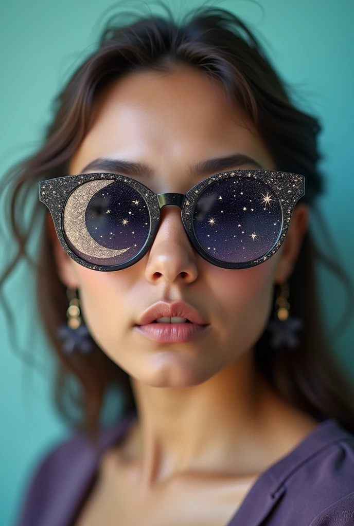 The model is wearing glass sunglasses with stars and the moon on the glass
