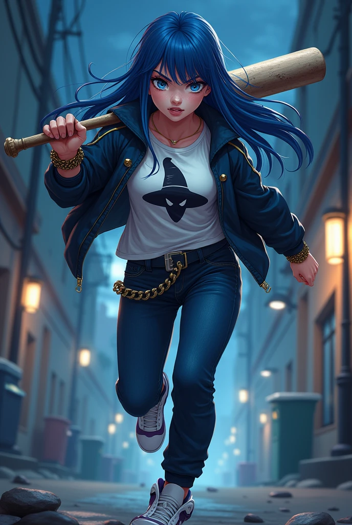 An  fantasy anime gangster strong girl with shiny blue eyes, an angry look and a baseball bat in her hand, an angry look, blushed cheeks, a white t-shirt with a dark wizard in the middle, and a dark blue jacket with light golden lines on it. White and dark purple sports shoes and bracelet with snake design, a dark blue jean , long straight blue hair , night view on a quiet street . runing towards you to rob your stuff