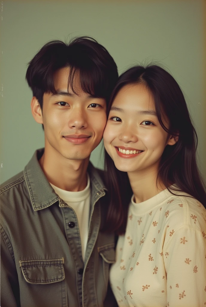 American school yearbook photo y2k style vintage retro with male and chinese model