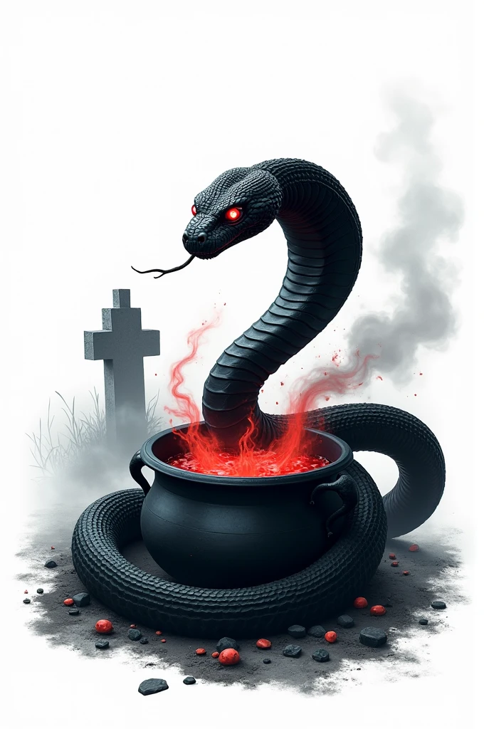 Black snake logo on white background, viper, Lair, cauldron, realisitic, Black Snake, Spell, cauldron, black manba viper snake, Eyes red, fire, cemetery, smoke, a snake, fundo branco, cobra perfeita, logo