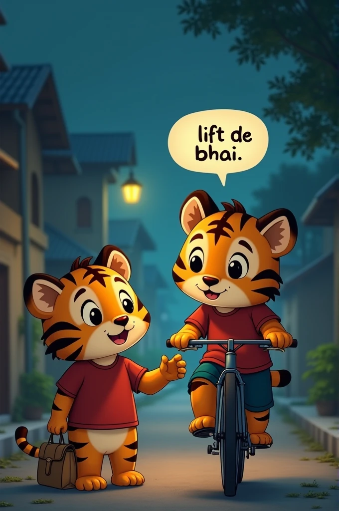 "A young humanoid tiger cub with a fluffy mane, wearing a red t-shirt and carrying a small bag, stands on a quiet village street at night. The cub is smiling and holding out his hand, asking for a lift from a slightly older humanoid tiger riding a red bicycle. Above the young tiger cub's head, a speech bubble with the text 'Lift de Bhai' is prominently displayed. The scene is illuminated by the soft glow of streetlights, with houses and trees lining the background, creating a serene and slightly mysterious atmosphere."