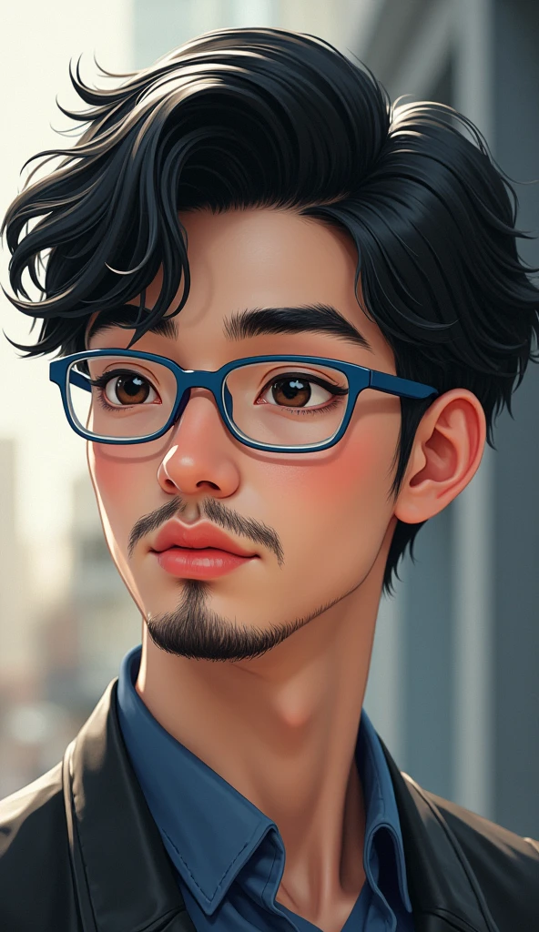 I'm a guy with short, black, wavy hair with an American cut., with very black eyebrows, with a round face and a little cheeks, lips a little thick, I wear blue framed glasses with square lenses. I'm 2 and I like games, thin black mustache and beard. In a somewhat Asian style I don't wear earrings.