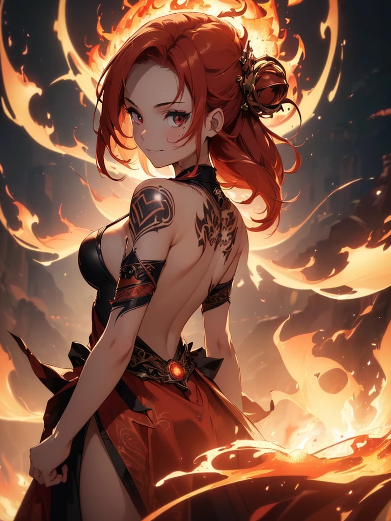 (((best quality, sharp image, clear image, cinematic lighting, 8k resolution, masterpiece, ultra detailed, intricate))) Girl, ((shot from behind)), ((close up)), look at viewer, fire mage, ((intricate background)), ((chaotic background)), red hair, smiling, ((flame runes, flame sigils)), (tatoo on back), slim figure, flying sigils, long dress, cute