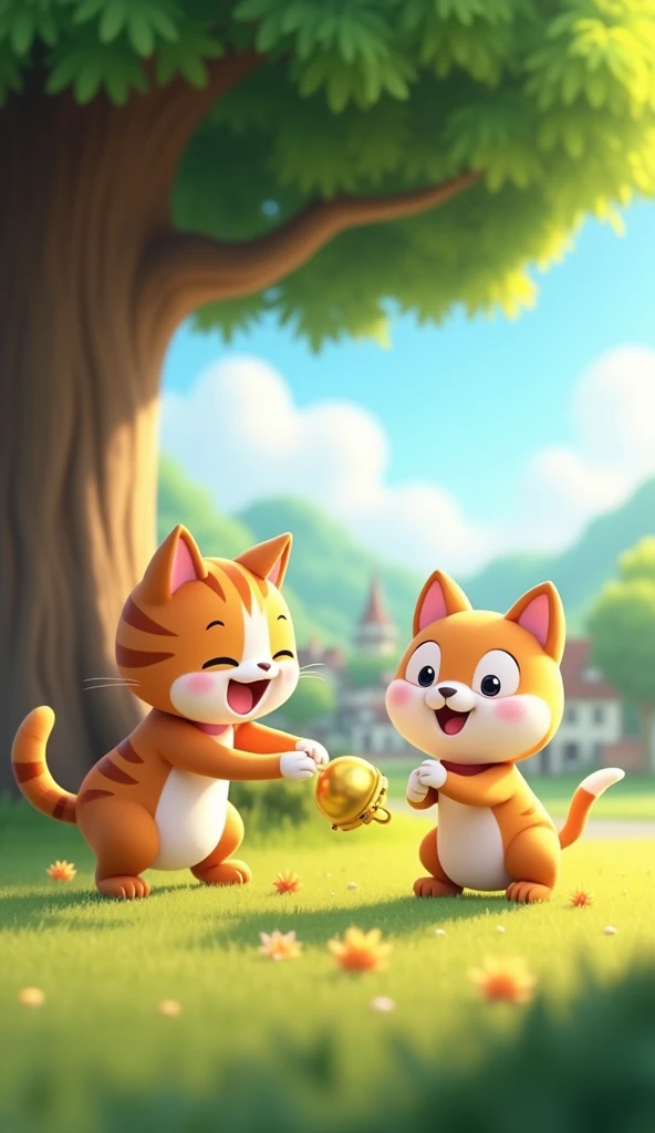 Cartoon anime 3D characters of The cat is overjoyed as the puppy brings the bell back to her. They sit under a large, shady tree, with the village in the background, symbolizing their friendship.