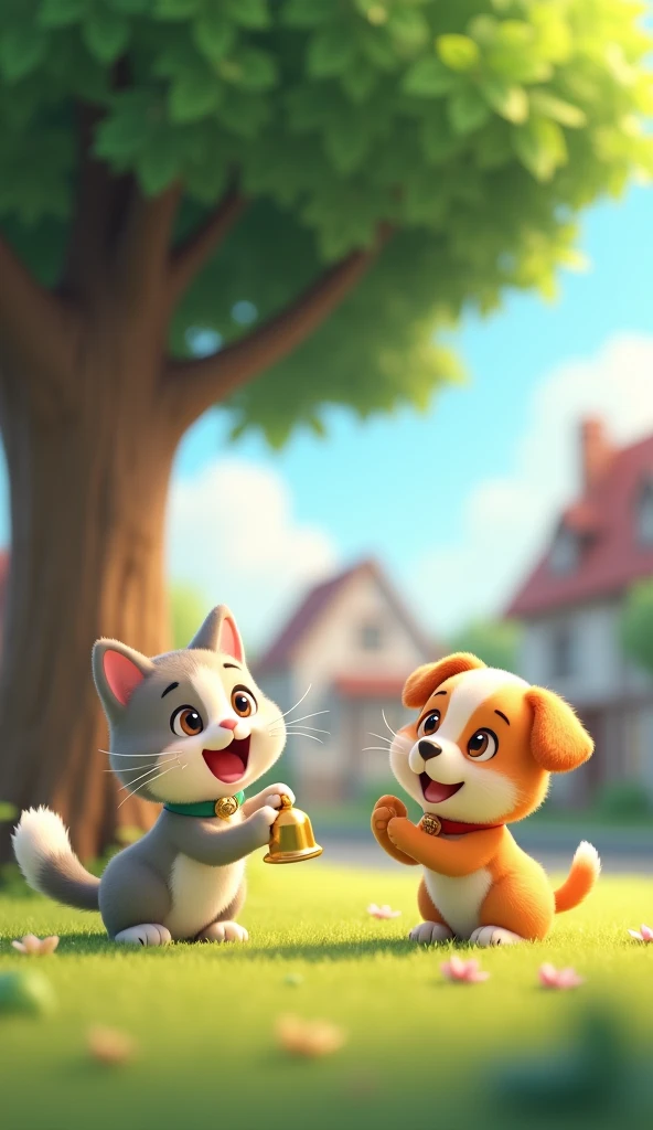 Cartoon anime 3D characters of The cat is overjoyed as the puppy brings the bell back to her. They sit under a large, shady tree, with the village in the background, symbolizing their friendship.
