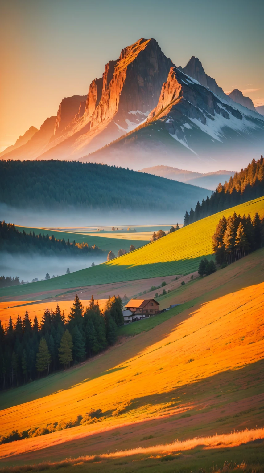 The image is a photograph of a beautiful landscape with a mountain range in the background. The sky is filled with orange and pink hues, indicating that it is either sunrise or sunset. The mountains are covered in green grass and trees, and the horizon is visible in the distance. In the foreground, there are several hay bales scattered across the field. The overall mood of the image is peaceful and serene.
