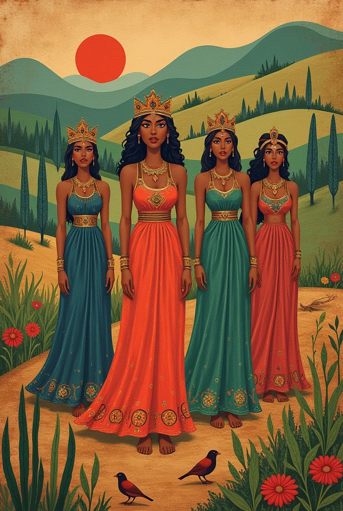 Create a folk painting
is in depicting elementary Goddesses in ancient time