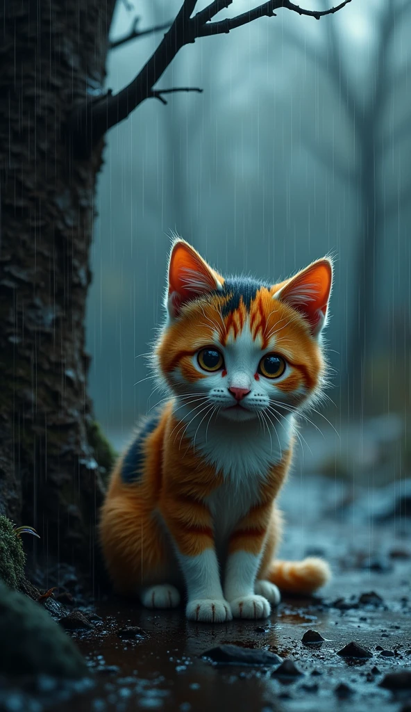 A calico cat, drenched and shivering, huddles under a dense, leafless tree in the midst of a pouring rain. The raindrops cascade around her in a rhythmic pattern, creating a soft, silver curtain that blurs the world beyond. Her vibrant, multicolored fur is slicked to her body, contrasting sharply with the dark, wet ground. Her large, expressive eyes, filled with a mixture of discomfort and resignation, reflect the dim, diffused light filtering through the storm clouds. The scene is a poignant mix of nature's raw intensity and the cat’s delicate, vulnerable presence, capturing a moment of quiet endurance and resilience amidst the relentless downpour.