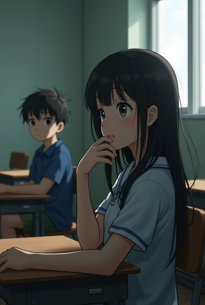 A girl sitting in a empty class in 3rd bench and a boy is staring her by sitting in last bench 