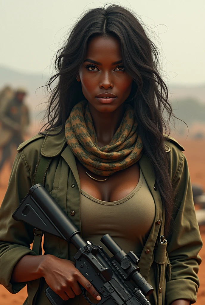 1 women, (African soldiers), soldier uniform, detailed lines, gorgeous face, upscale:4x, gun, scarf in neck, medium boobs, war background,