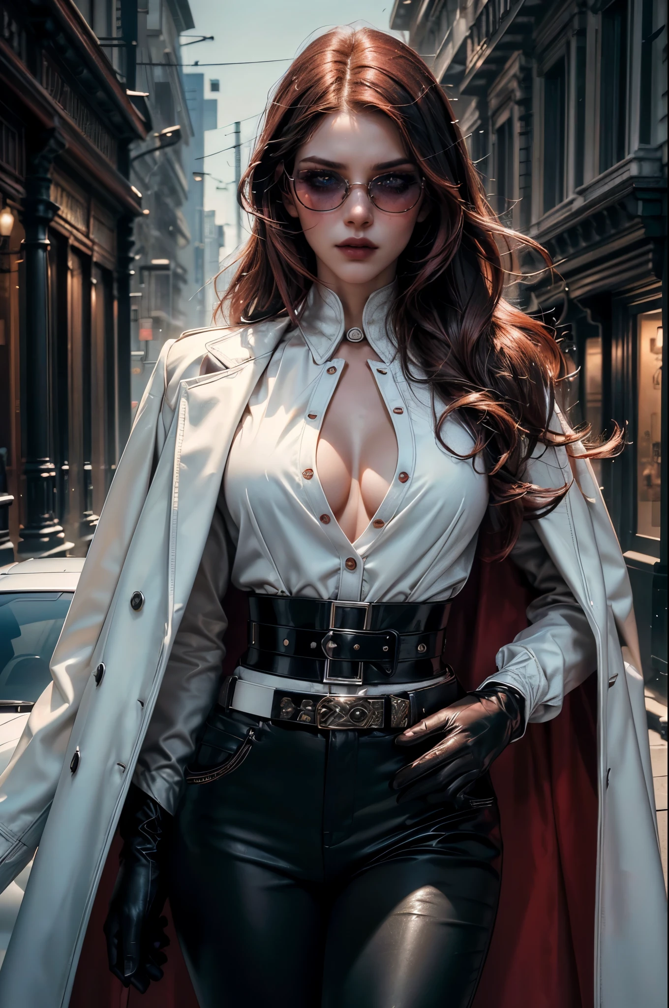 [cowboy shot], a beautiful young woman with long red hair, detailed facial features, ((wearing high quality high waist black leather pants)), ((a formal white colored silk shirt with cleavage and long sleeves)), ((a white fur coat on shoulders)), ((luxury waist belt)), ((red tinted glasses)), ((black leather gloves)), ((expensive reflective silk scarf)), holding a handbag, hand on waist, (best quality,4k,8k,highres,masterpiece:1.2),ultra-detailed,(realistic,photorealistic,photo-realistic:1.37),high fashion,editorial,dramatic lighting,cinematic,vivid colors,intricate details, glamorous