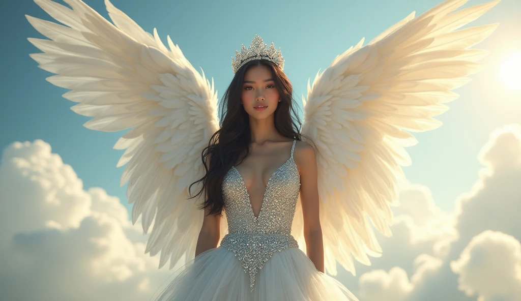 Wide angle, long shot, a beautiful young woman wearing a sparkling silver evening dress decorated with crystals. She is wearing a silver crown decorated with crystals as well. She is standing on a white cloud, with beautiful white feather angel wings spread out behind her. She has hazel eyes, long black hair, with a faint golden light shining down from above, the atmosphere in the picture looks divine and elegant. A masterpiece., 