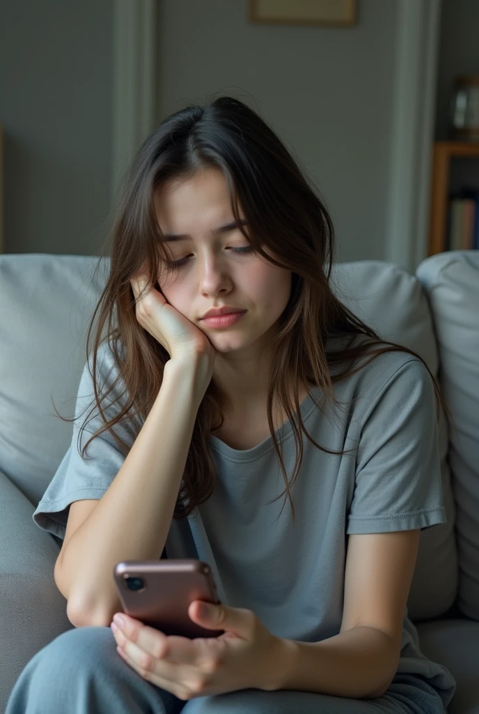A tired young girl with disheveled long hair sits on a light gray sofa, her expression indicating exhaustion. She holds a smartphone in one hand while her other hand supports her head. She wears a loose-fitting gray t-shirt and has bare feet resting on the couch. The background is softly blurred, emphasizing her relaxed and weary demeanor. advertising big head