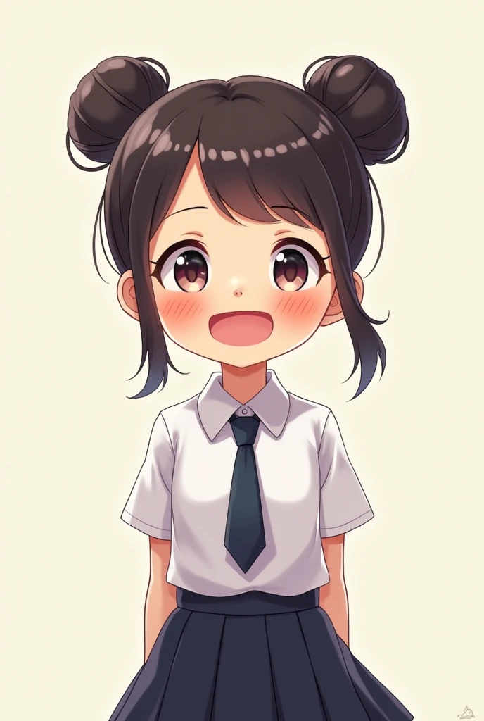 Girl standing happy (cartoon) school uniform (bun hair) close up