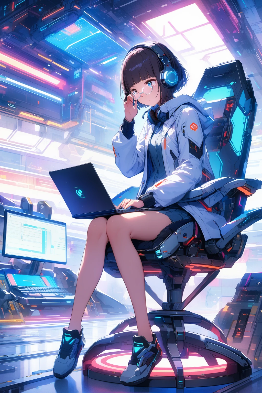 (extremely detailed fine touch:1.3), Vibrant colors, Soft tones, With warm and gentle lighting, girl, solo, (((silver semi-rimless eyewear:1.3))), (headphone:1.0), short hair, blunt bangs, full body, sitting Futuristic floating chair, chair with arms, Laptop resting on thigh, monitor arm, Faithfully recreates the gesture of putting on glasses, Futuristic, bare legs, shoes, Futuristic White coat, Science Fiction, Science Fiction Laboratory, Various research machines, Futuristic dock