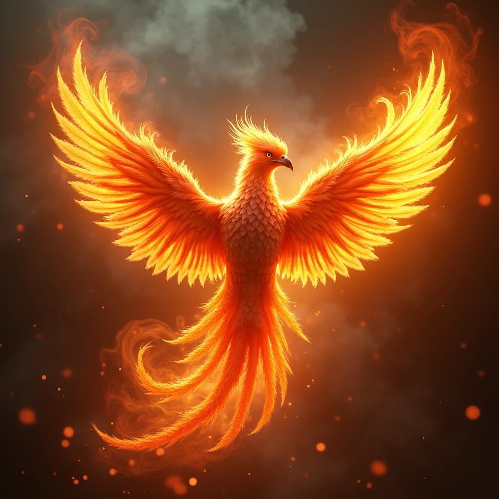 A mystical phoenix, fiery bird of flames, intricate details, dramatic lighting, cinematic pose, majestic wings unfurled, glowing embers, swirling smoke, vibrant colors, (best quality,4k,8k,highres,masterpiece:1.2),ultra-detailed,(realistic,photorealistic,photo-realistic:1.37),cinematic,dramatic lighting,vivid colors,ornate,highly detailed phoenix,intense fire effects,dramatic angles,sweeping wingspan,powerful presence