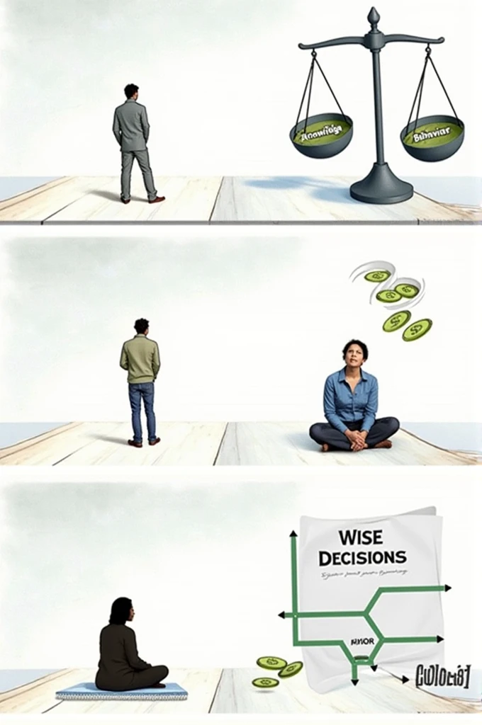 MImage 1: A person standing at a crossroads, choosing between two paths: "Impulse" and "Patience."
Image 2: A scale balancing "Knowledge" on one side and "Behavior" on the other, with "Behavior" weighing more.
Image 3: A calm person meditating with money symbols floating around, representing control over emotions.
Image 4: A decision-making process flowchart, with "Wise Decisions" highlighted as the outcome.