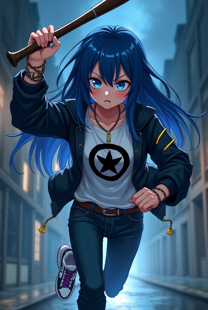 An fantasy anime gangster strong girl with shiny blue eyes, an angry look and a baseball bat in her hand, an angry look, blushed cheeks, a white t-shirt with a dark wizard in the middle, and a dark blue jacket with light golden lines on it. White and dark purple sports shoes and bracelet with snake design, a dark blue jean , long straight blue hair , night view on a quiet street . runing towards you to rob your stuff