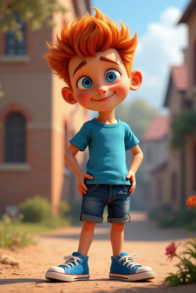 (skinny, cute, freckled, tanned, redhead, tiny boy Lv 9), fluffy hair, blue eyes, blue top, denim shorts, blue sneakers, sassy smile, standing, 3D Pixar cartoon style, cinematic, dramatic, masterpiece, dynamic view, full body,