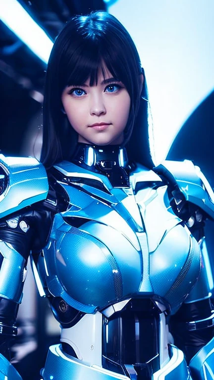 Wide-angle shot, 1 female, Mecha, Glowing blue-black eyes, Very cute face, (Realistic:1.37), バイオMechaニカル, Spaceship interior bokeh background, Ultra-realistic, Very detailed, Very intricate details, Beautiful woman in focus