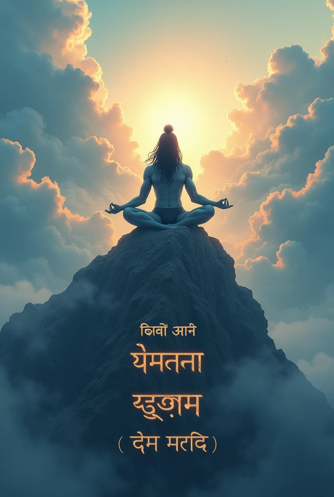 A serene, mystical landscape showing the powerful figure of Lord Shiva. Lord Shiva is depicted in a meditative posture with closed eyes, seated on a mountain peak surrounded by clouds. The atmosphere is tranquil with a blend of soft blue and golden hues. A faint aura of divine light radiates around him, symbolizing purity and wisdom. The text is gracefully positioned in a stylish Hindi font, reading: 'अगर देख लो एक नज़र मेरी ओर महादेव, मेरी ज़िंदगी संवर जाएगी तुम्हारा क्या ही जाएँगा इसमें'. The font has an elegant, spiritual feel, subtly glowing in a warm color that complements the peaceful background. The overall mood should be one of devotion, reverence, and spiritual upliftment.