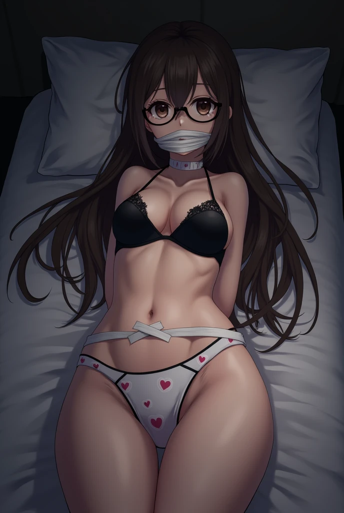 sekijou sawako, shibari, bondage, bound, brown hair, long hair, black eye glasses, stripped, best quality, ultra-detailed, high resolution, extremely detailed cg, unity 8k wallpaper, masterpiece, perfect body, anime picture, femsub, BDSM, multiple heart design white panty, black bra, small breasts, at night, lying down, in bed, dark room, teary-eyed, gagged, over the mouth gag, duct tape, Sekijou Sawako, gym storeroom, wrist tied up together behind her back, tied up legs, bracing