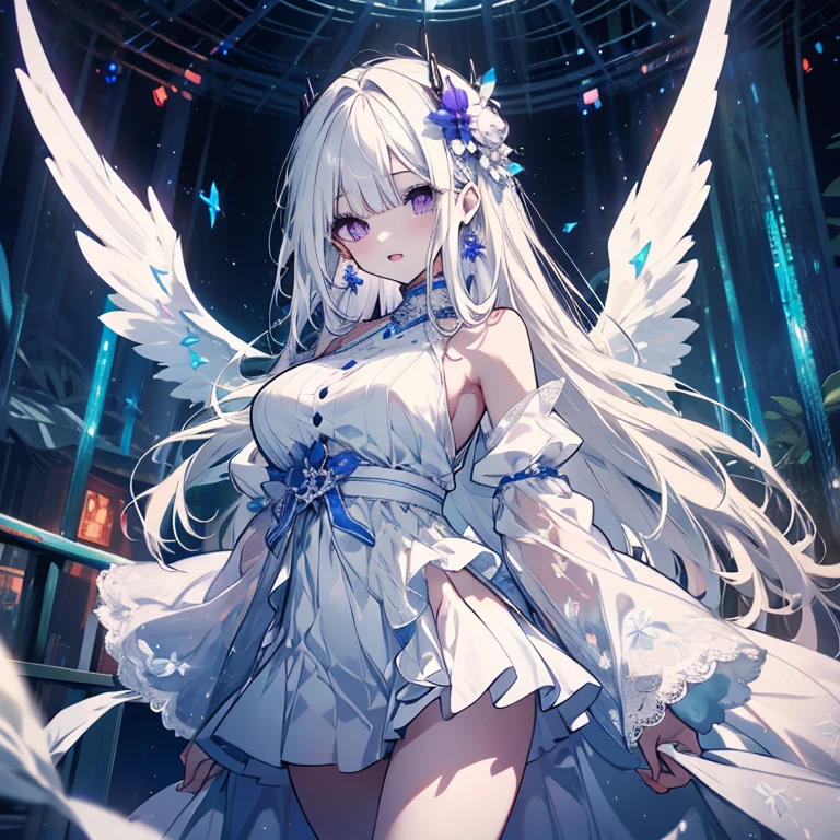 1 person、Mature、Ample breasts、Long Hair、White Hair、Straight hair、Trimmed bangs、White skin、Purple Eyes、Long eyelashes、White Dress、Shoulder Bare、Ballerina Decoration、Lace fabric、in the forest、Night Forest、mysterious、Earrings、Miniskirt、Angel Wings、Fleeting、Transparency、Diva、Open Mouth、Diva、Blue light、High resolution、Highest quality