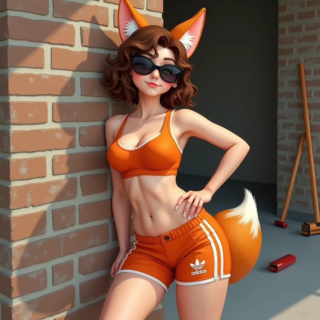 Busty woman, 18 years, short curly brown hair, White skin, green eyes, athletic legs, orange shorts adidas brand, orange bra, sunglasses, fox ears, Fox tail, leaning against the brick wall in front, with legs open, with hands on waist, in the background construction in progress, tools on the floor 