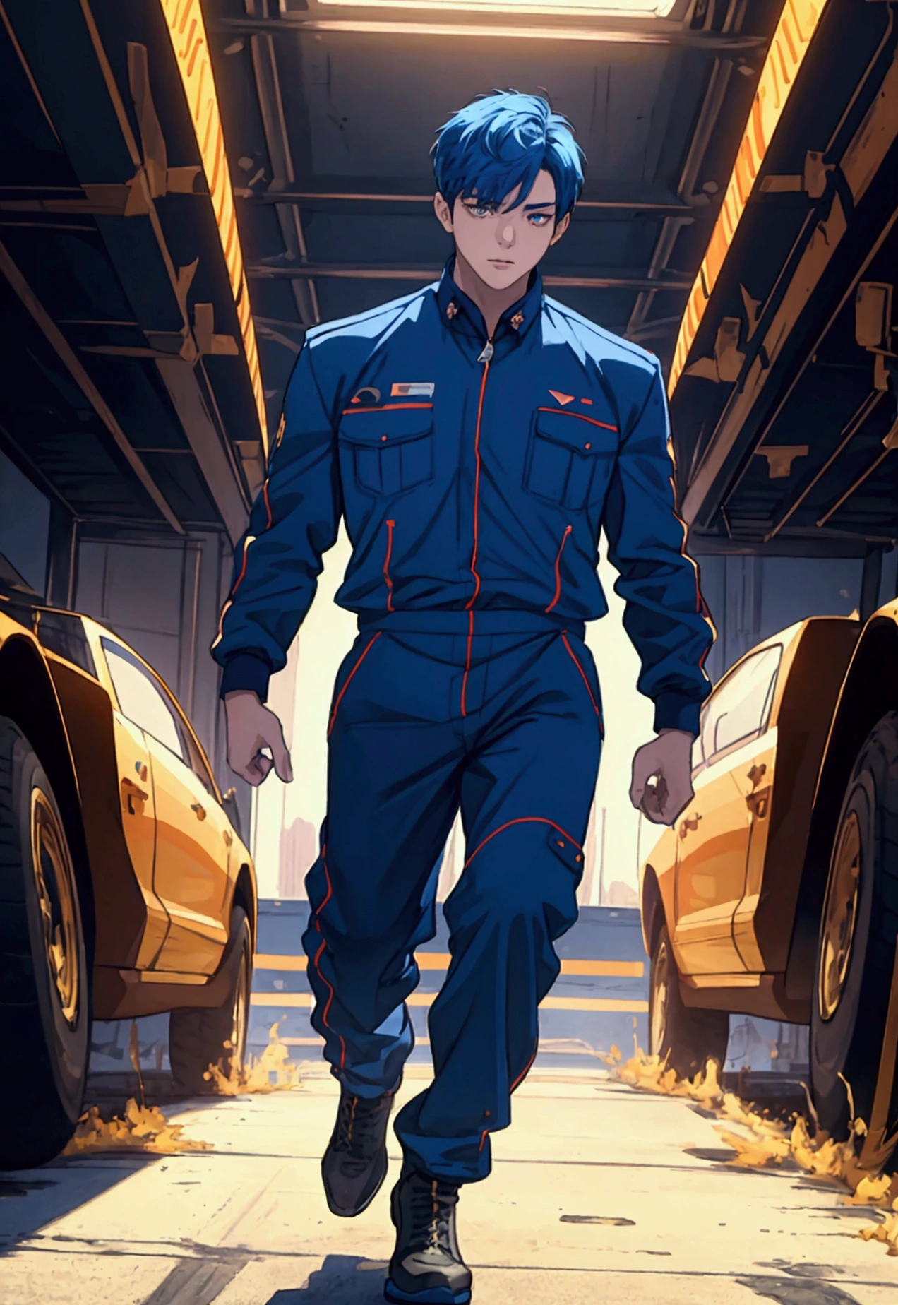 ((1boy)), super fine illustration, vibrant colors, absurdres extremely detailed CG, 8k wallpaper, (masterpiece:1.3), dynamic angle, dynamic pose, best quality, depth of field, cinematic lighting, ultra detailed, front-view, The president is push the car tires, blue jump suit, full body, center, looking at viewers,