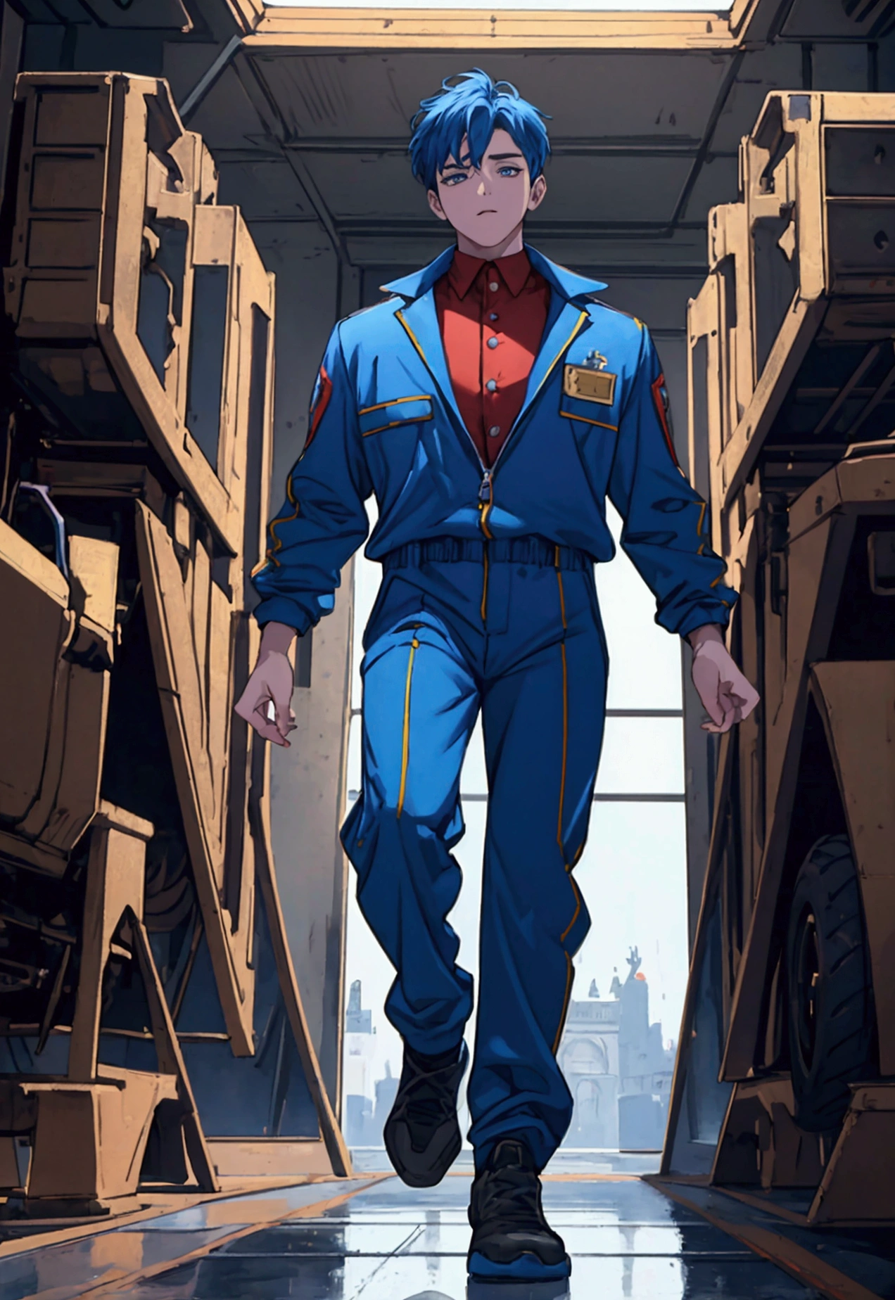 ((1boy)), super fine illustration, vibrant colors, absurdres extremely detailed CG, 8k wallpaper, (masterpiece:1.3), dynamic angle, dynamic pose, best quality, depth of field, cinematic lighting, ultra detailed, front-view,  The president is push the car tires, blue jump suit, full body, center, looking at viewers,