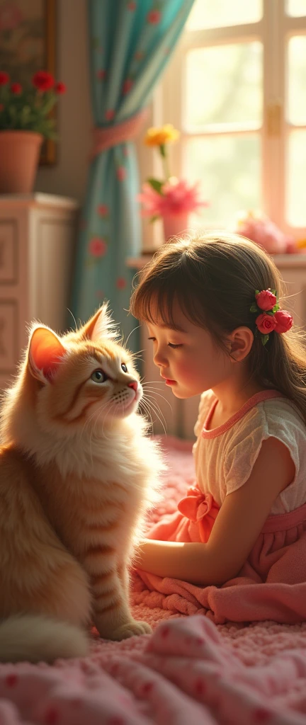A girl, beautiful fluffy cat, bidding, Idyllic, magic scene, beautiful room , (Best Quality, 4k, 8k, High resolution, masterpiece:1.2), ultra detailed, (realist, photorealist, photo-realist:1.37), warm lighting, vibrant colors, soft focus, Fairy tale, dreamer, cozy, adorable, Beautiful, Capricious, fancy, charming, sereno, peaceful, innocent, comforting, Imaginative