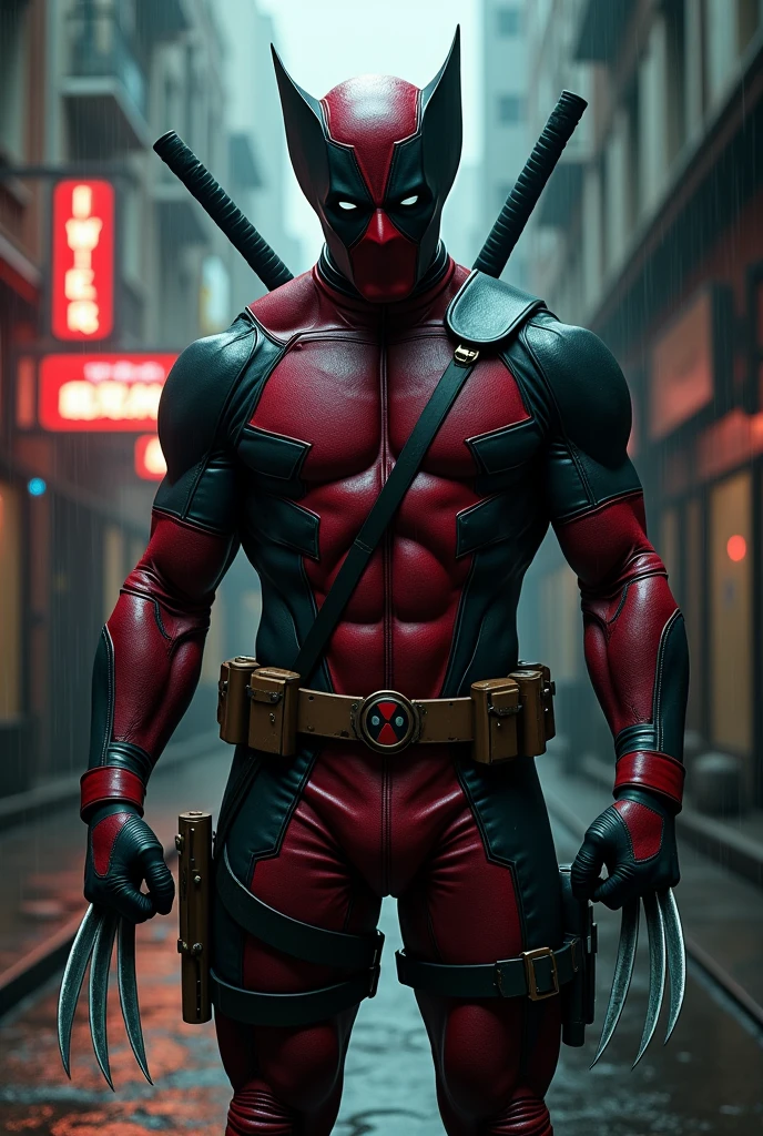 (photorealism:1.2), a cinematic portrait of Wolverine and Deadpool, merged into a single, chimeric being, standing in a dark, rainy alleyway. Their claws extend, a blend of adamantium and katanas. The chimera's facial features are a grotesque amalgamation of both characters, with Wolverine's feral intensity and Deadpool's sardonic grin. Highly detailed, cinematic lighting, 8k, hyperrealistic. No cartoon, no anime, no simple.