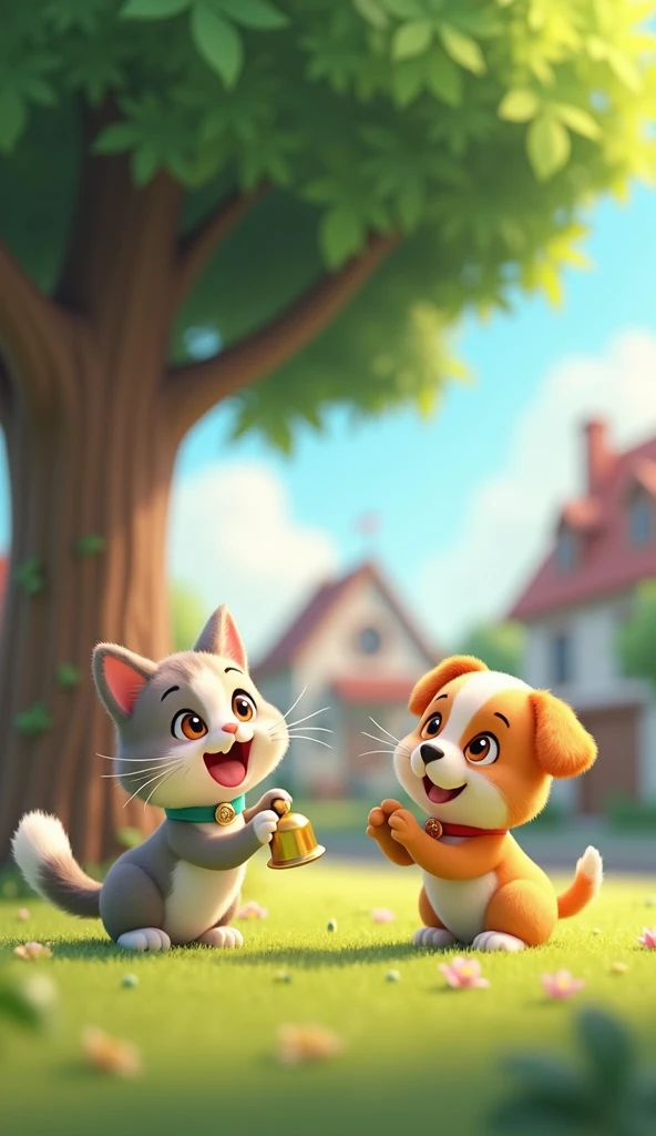 Cartoon anime 3D characters of The cat is overjoyed as the puppy brings the bell back to her. They sit under a large, shady tree, with the village in the background, symbolizing their friendship.