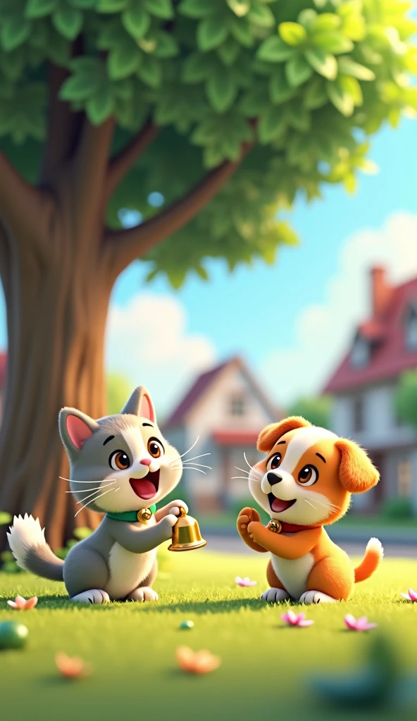 Cartoon anime 3D characters of The cat is overjoyed as the puppy brings the bell back to her. They sit under a large, shady tree, with the village in the background, symbolizing their friendship.