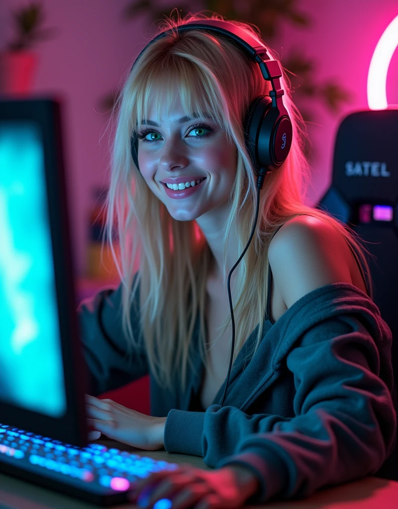 gamer woman (Youngh) Smile cute (hair blonde) big boobies,looking at the camera,usando headset gamer short, skimpy revealing outfit,no quarto gamer