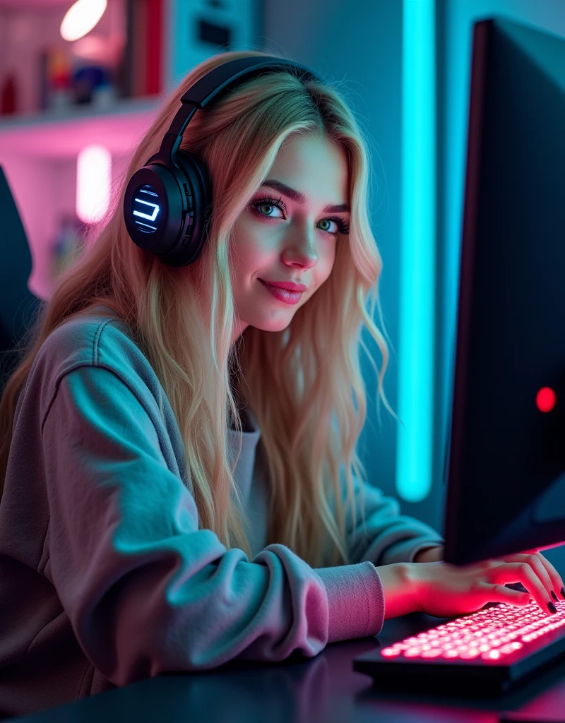 (((best qualityer))), highly detailed, high resolution. 2 female, blondie hair, clear green eyes, fleshy lips, heavy make-up, 
A young woman with long, Flying hair, wearing a stylish gaming headset and comfortable clothing, sitting at a table in front of a gaming PC. The PC is lit with neon lights, And the woman is smiling while playing her favorite video game.

