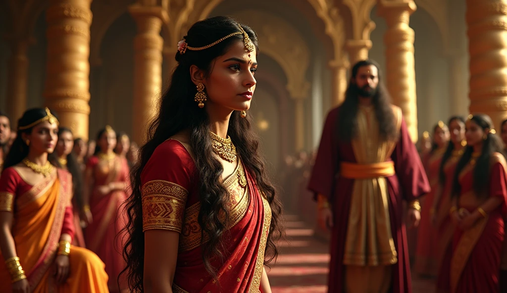 "A lavish wedding scene, with Gandhari in the center, adorned in exquisite bridal attire, suddenly halting in shock. Her long, dark hair contrasts with her vibrant bridal sari, and her face shows determination and sorrow as she holds the edge of her blindfold, preparing to tie it around her eyes. Dhritarashtra, tall and stern in dark red and gold, stands nearby, his blindness symbolized by his closed eyes, creating a contrast between their fates.