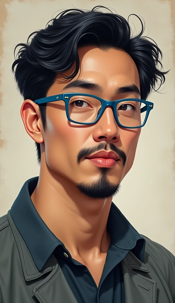 I am a man with short, black, wavy hair with an American cut., with very black eyebrows, with a round face and a little cheeks, lips a little thick, I wear blue framed glasses with square lenses. I&#39;m 2 and I like games, thin black mustache and beard. In a somewhat Asian style I don&#39;t wear earrings. I&#39;m a little strong and a little full 