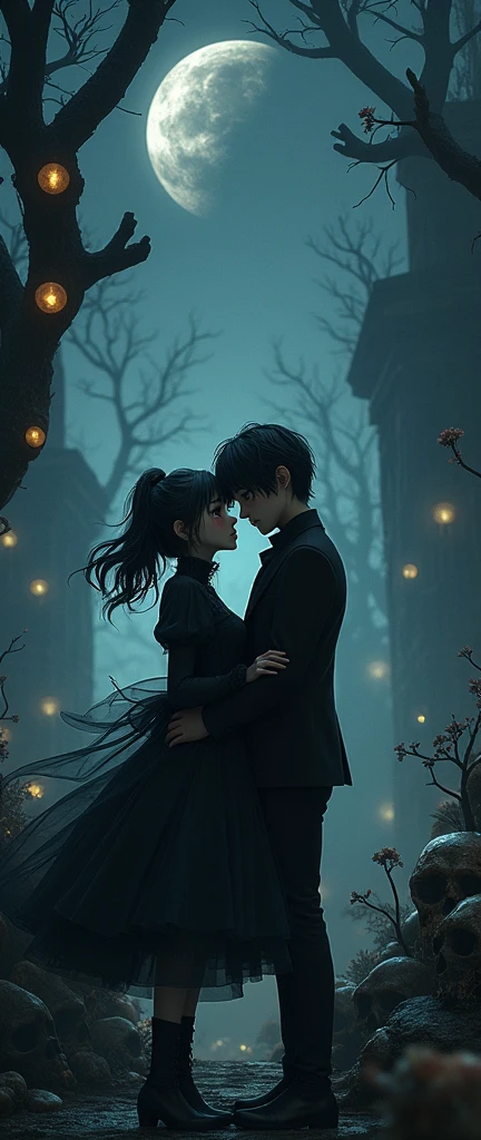 (a straight anime couple: 1.5, dark style, large eyes, Small pieces, spongy black fur), (dark gothic, Victorian Gothic Steampunk Style), Dark, ambiente oscuro con decoraciones de calaveras 32K, Fairy tale: 1.4, camera cut: 1.4, ((dream atmosphere, soft light and magic:1.3)), ((imaginative scene)),((perfect, meticulously detailed.:1.3)), ((full shot: 1.4)), ((Best Quality)) , ((masterpiece)), 3D, (hyper detailed: 1.3), ((epic landscape: 1.3)), ((night background: 1.3 ))), (((the night:1.2))), (photorealistic: 1,4), ((Frontal camera)),( (Low light night cinema lighting: 1,2)). 32K.