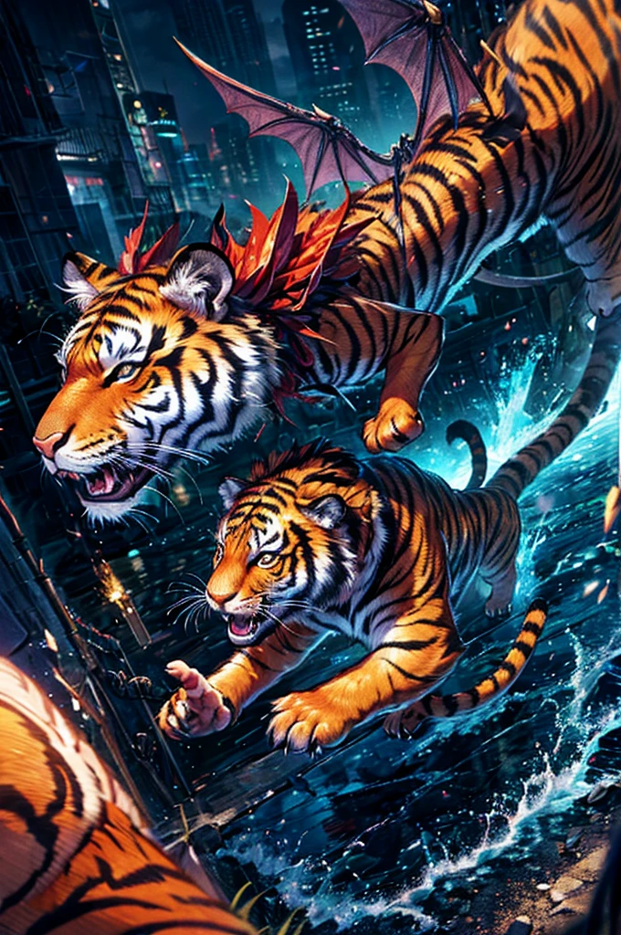 high resolution、high quality、High quality、Full Body、(Tiger arm)、(Dragon&#39;s Paw)、(Devil&#39;s Wings)、((Use a spear))、Lively、Pause、Silver Hair、semi-long、((Tough woman))、(god々Shishi Armor)