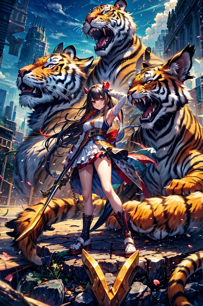 high resolution、high quality、High quality、Full Body、(Tiger arm)、(Dragon&#39;s Paw)、(Devil&#39;s Wings)、((Use a spear))、Lively、Pause、Silver Hair、semi-long、((Tough woman))、(god々Shishi Armor)