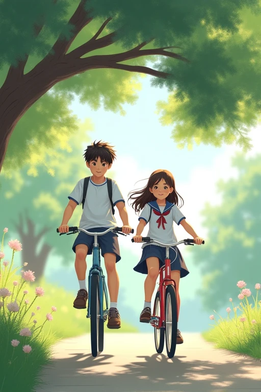 Under the tree,school uniform,Cute boy,Cute girl,Riding a bicycle,Pastel Photos