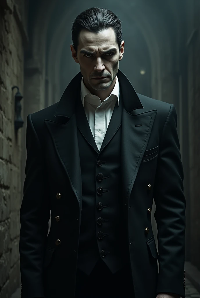 Vampire man, 30 years, dark, serious expression