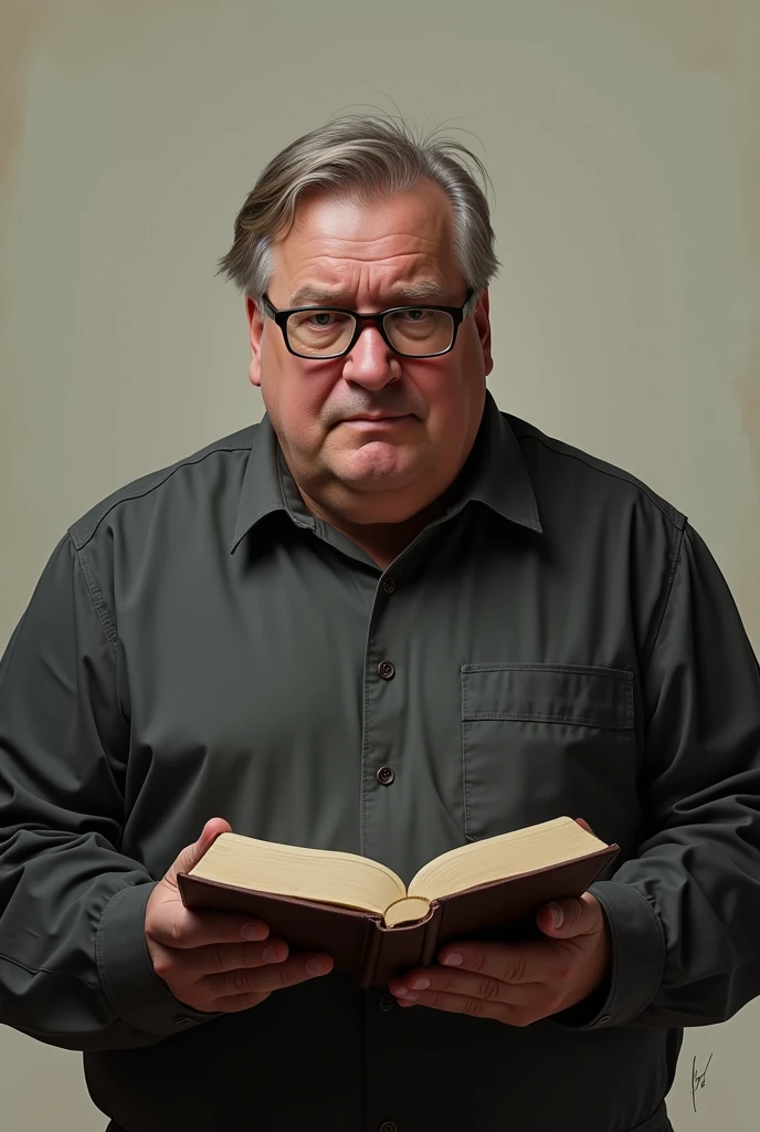 Make a portrait of a slightly fat guy with parted hair, square glasses and a bible in hand from the chest up