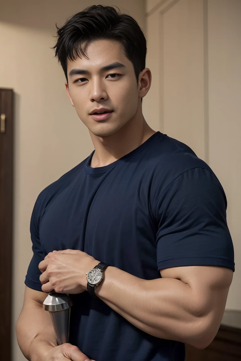 (Create a masterpiece: 1.2),(CGI art:1.3),(realistic:1.5),(After processing:1.3), (Sharp focus:1.3), 1 man, open mouth, smile, (Navy blue round neck t-shirt:1.3), Navy cargo pants, Korean guy , korean men, (High gloss details), chest muscles, large arm muscles, blood vessel, Big muscles, Broad shoulders, looking at the audience, Balancing the eyes, bedroom, Close your eyes.,(open mouth:1.1),A sexy and charming watch,Color-narrowed,Holding a masturbation cup in hand,Naked