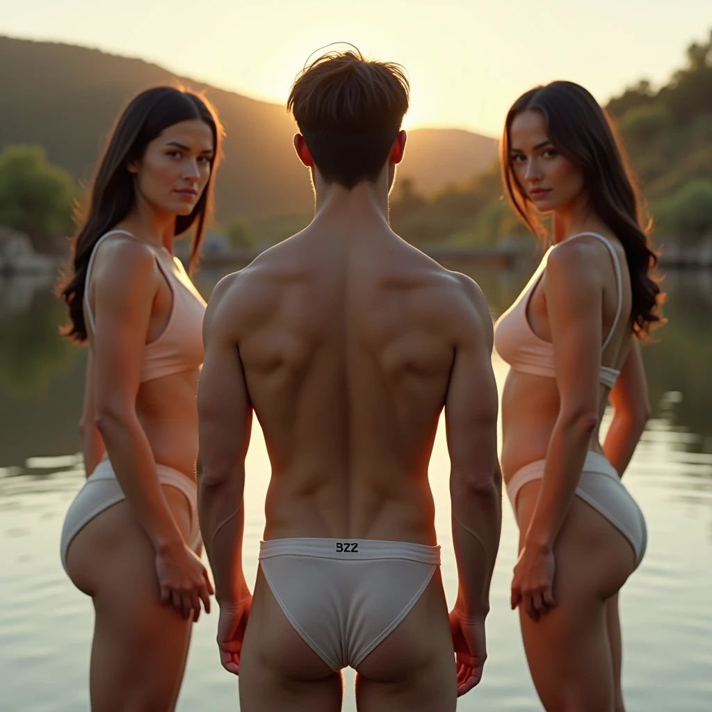 A white man, 3, model type, with short dark hair, with clear eyes, All of us, standing backwards, looking at the camera and showing her ass in a lake in Alentejo at sunrise